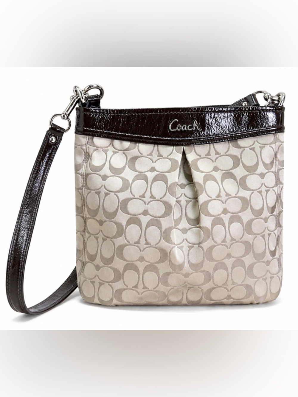 Coach Ashley Signature Hippie Crossbody Bag Khaki Mahogany Patent Leather F20111